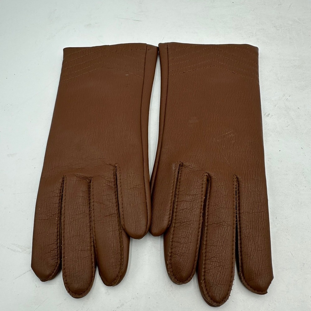 Vintage Brown Faux‎ Leather Fleece Lined Gloves Women Size 6-7 Korea Mod Retro